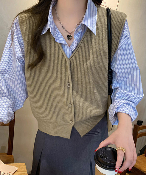 リブニットベスト前開きニットジレVネック ニットチョッキレディース こなれ感ノースリーブニットトップス 大人カジュアル おしゃれ ゆったり重ね着ニット 韓国風無地 21SHANGYI-095