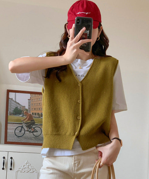 リブニットベスト前開きニットジレVネック ニットチョッキレディース こなれ感ノースリーブニットトップス 大人カジュアル おしゃれ ゆったり重ね着ニット 韓国風無地 21SHANGYI-095