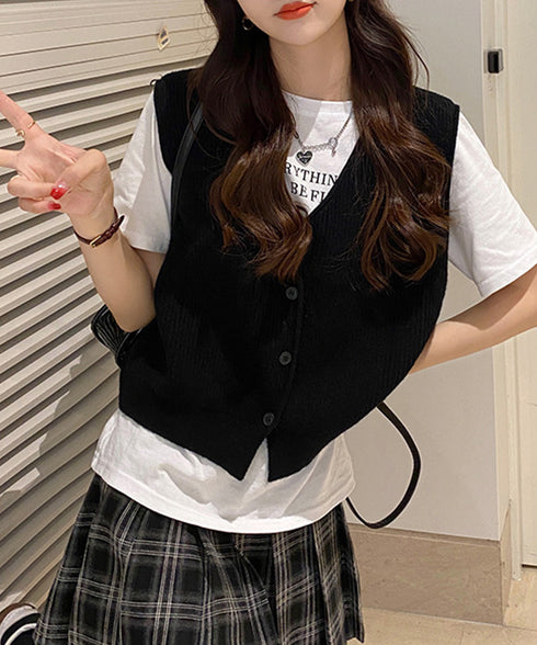 リブニットベスト前開きニットジレVネック ニットチョッキレディース こなれ感ノースリーブニットトップス 大人カジュアル おしゃれ ゆったり重ね着ニット 韓国風無地 21SHANGYI-095