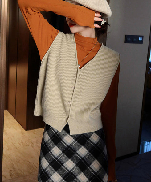 リブニットベスト前開きニットジレVネック ニットチョッキレディース こなれ感ノースリーブニットトップス 大人カジュアル おしゃれ ゆったり重ね着ニット 韓国風無地 21SHANGYI-095