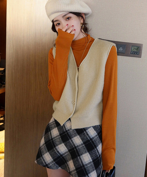 リブニットベスト前開きニットジレVネック ニットチョッキレディース こなれ感ノースリーブニットトップス 大人カジュアル おしゃれ ゆったり重ね着ニット 韓国風無地 21SHANGYI-095