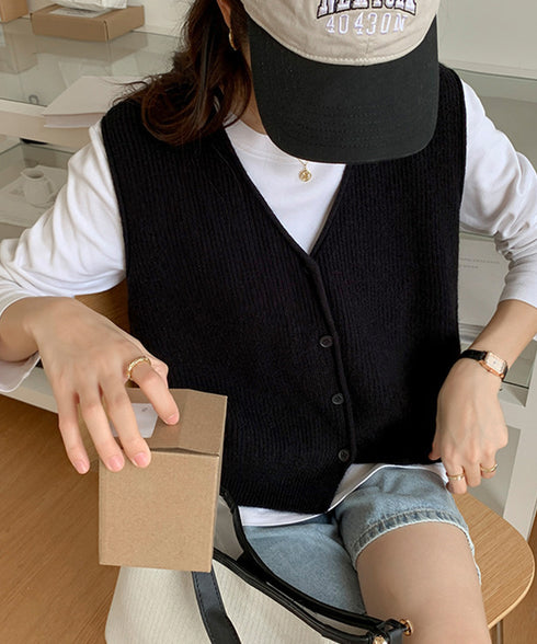 リブニットベスト前開きニットジレVネック ニットチョッキレディース こなれ感ノースリーブニットトップス 大人カジュアル おしゃれ ゆったり重ね着ニット 韓国風無地 21SHANGYI-095