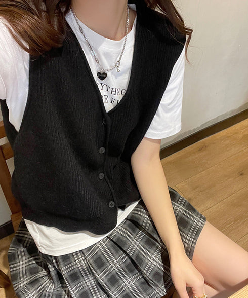 リブニットベスト前開きニットジレVネック ニットチョッキレディース こなれ感ノースリーブニットトップス 大人カジュアル おしゃれ ゆったり重ね着ニット 韓国風無地 21SHANGYI-095