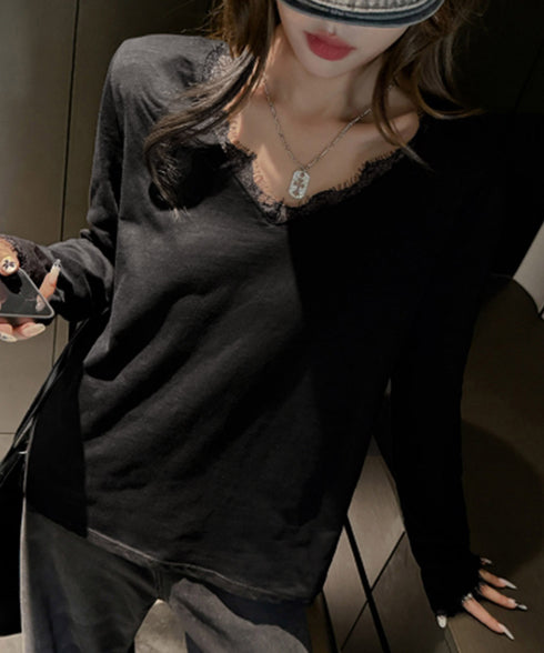 レース長袖トップスVネックカットソー秋服 シアレース切替トップス ドッキングTシャツ おしゃれプルオーバー 体型カバー着回しトップス フェミニン 体型カバーゆるt 21SHANGYI-100
