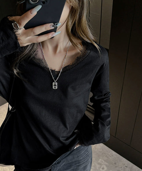 レース長袖トップスVネックカットソー秋服 シアレース切替トップス ドッキングTシャツ おしゃれプルオーバー 体型カバー着回しトップス フェミニン 体型カバーゆるt 21SHANGYI-100