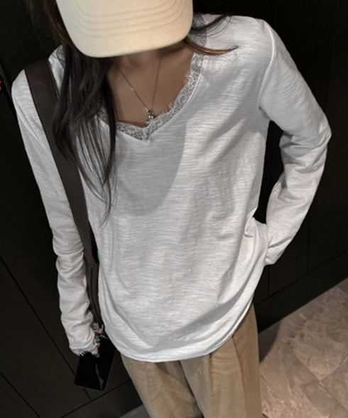 レース長袖トップスVネックカットソー秋服 シアレース切替トップス ドッキングTシャツ おしゃれプルオーバー 体型カバー着回しトップス フェミニン 体型カバーゆるt 21SHANGYI-100