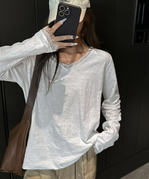 レース長袖トップスVネックカットソー秋服 シアレース切替トップス ドッキングTシャツ おしゃれプルオーバー 体型カバー着回しトップス フェミニン 体型カバーゆるt 21SHANGYI-100