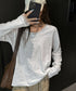 レース長袖トップスVネックカットソー秋服 シアレース切替トップス ドッキングTシャツ おしゃれプルオーバー 体型カバー着回しトップス フェミニン 体型カバーゆるt 21SHANGYI-100