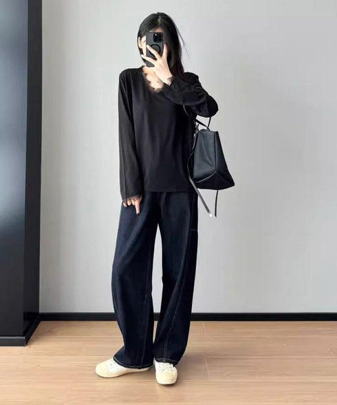 レース長袖トップスVネックカットソー秋服 シアレース切替トップス ドッキングTシャツ おしゃれプルオーバー 体型カバー着回しトップス フェミニン 体型カバーゆるt 21SHANGYI-100