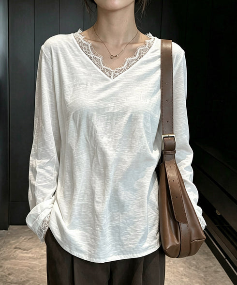 レース長袖トップスVネックカットソー秋服 シアレース切替トップス ドッキングTシャツ おしゃれプルオーバー 体型カバー着回しトップス フェミニン 体型カバーゆるt 21SHANGYI-100