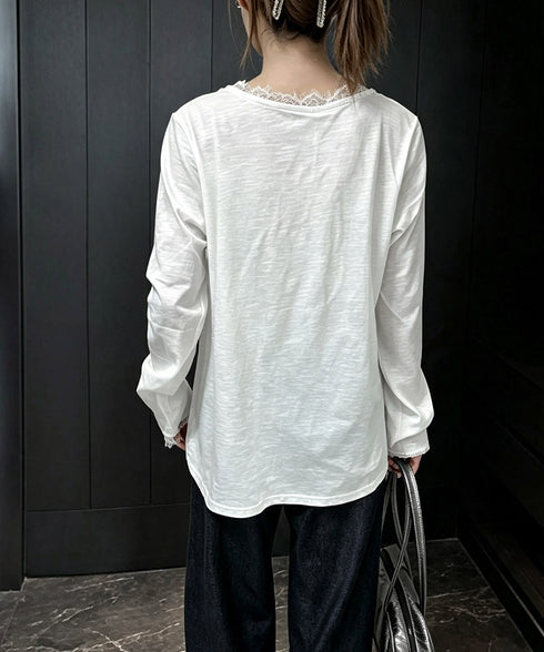 レース長袖トップスVネックカットソー秋服 シアレース切替トップス ドッキングTシャツ おしゃれプルオーバー 体型カバー着回しトップス フェミニン 体型カバーゆるt 21SHANGYI-100