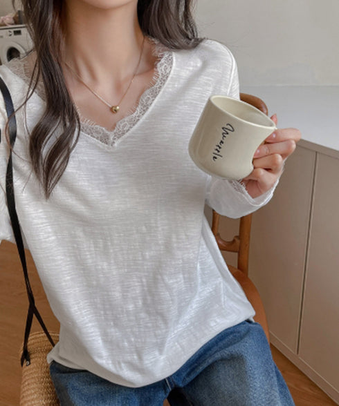 レース長袖トップスVネックカットソー秋服 シアレース切替トップス ドッキングTシャツ おしゃれプルオーバー 体型カバー着回しトップス フェミニン 体型カバーゆるt 21SHANGYI-100