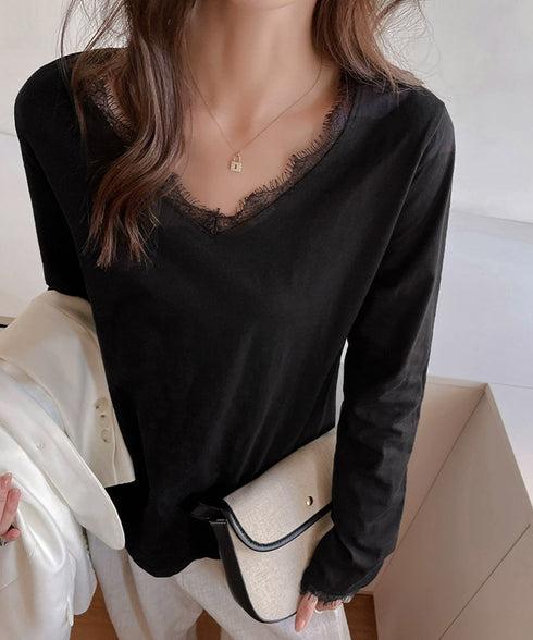 レース長袖トップスVネックカットソー秋服 シアレース切替トップス ドッキングTシャツ おしゃれプルオーバー 体型カバー着回しトップス フェミニン 体型カバーゆるt 21SHANGYI-100