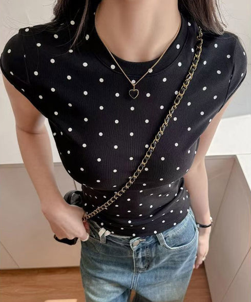 ドット柄tシャツレディース 半袖トップス tシャツ半袖コンパクトTシャツ カットソー半袖 韓国風 フィットトップス細見え フレンチスリーブTシャツ 大人可愛い夏服 21SHANGYI-102