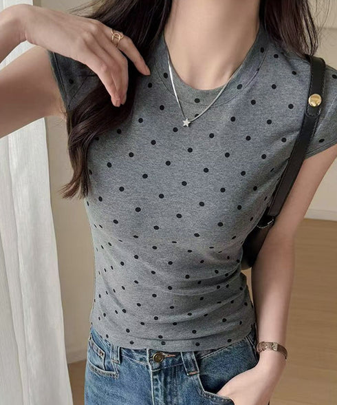 ドット柄tシャツレディース 半袖トップス tシャツ半袖コンパクトTシャツ カットソー半袖 韓国風 フィットトップス細見え フレンチスリーブTシャツ 大人可愛い夏服 21SHANGYI-102