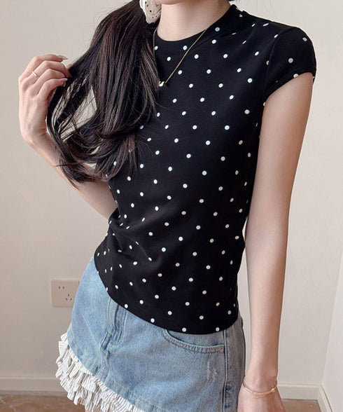 ドット柄tシャツレディース 半袖トップス tシャツ半袖コンパクトTシャツ カットソー半袖 韓国風 フィットトップス細見え フレンチスリーブTシャツ 大人可愛い夏服 21SHANGYI-102
