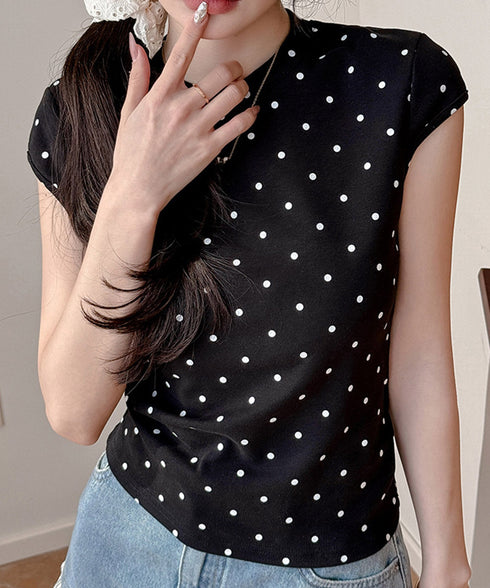 ドット柄tシャツレディース 半袖トップス tシャツ半袖コンパクトTシャツ カットソー半袖 韓国風 フィットトップス細見え フレンチスリーブTシャツ 大人可愛い夏服 21SHANGYI-102