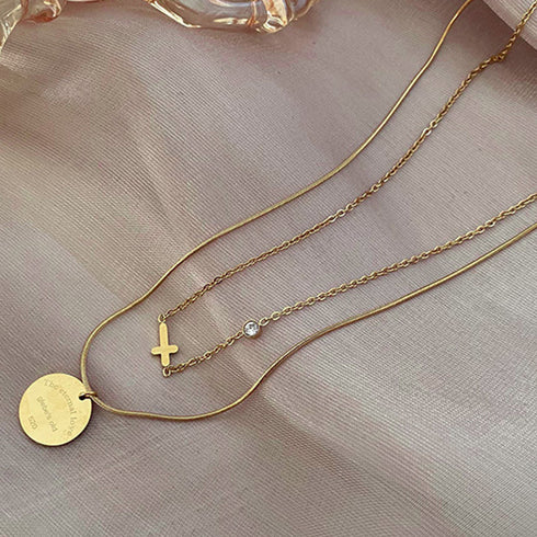 2連チェーンネックレス クロスモチーフ 重ね付け風 メタル ショートネックレス レディース 非対称デザイン レトロ ペンダント大人カジュアル アクセサリー 21SHIPIN-020