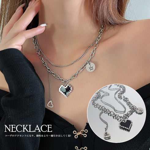 メタルハート 2連ネックレス レディース ボリューム チェーンチョーカー 重ね付け アクセサリー トレンド 大人可愛い ペンダント おしゃれ 首飾り 20代 21SHIPIN-024