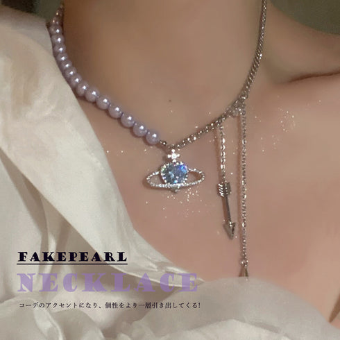 宇宙風ネックレスレディース キラキラ ハートチェーンネックレス 異素材mix 切り替え アクセサリー 非対称デザイン 韓国風 ジュエリー 韓流 ギフト 可愛い 21SHIPIN-035