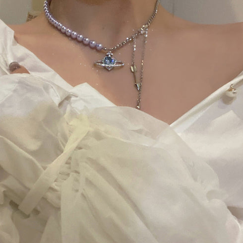 宇宙風ネックレスレディース キラキラ ハートチェーンネックレス 異素材mix 切り替え アクセサリー 非対称デザイン 韓国風 ジュエリー 韓流 ギフト 可愛い 21SHIPIN-035