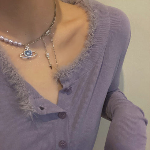 宇宙風ネックレスレディース キラキラ ハートチェーンネックレス 異素材mix 切り替え アクセサリー 非対称デザイン 韓国風 ジュエリー 韓流 ギフト 可愛い 21SHIPIN-035