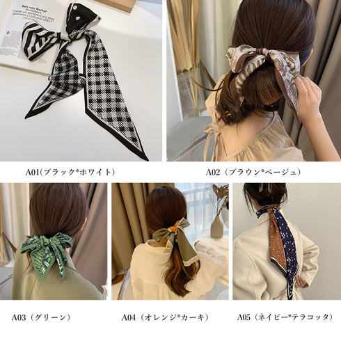 スカーフ ヘアバンド レディース ロング マルチスカーフ ヘアアクセサリー 髪留め 可愛い 柄スカーフ 軽い 柔らかい ポニーテール結び 万能アイテム カジュアル 21SHIPIN-043