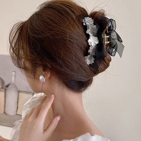 ヘアクリップレディース 花バンスクリップ リボンチュール ヘアクリップ 大人女性 まとめ髪 お洒落 ヘアアクセサリー 大きめ プレゼント オフィス雑貨 オルチャン 21SHIPIN-055