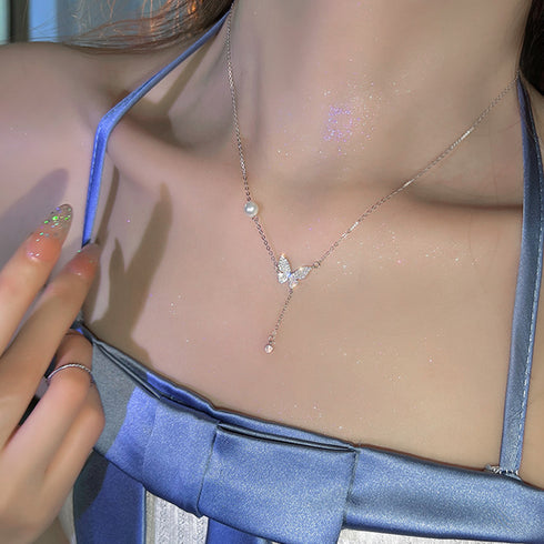 蝶々チェーンネックレスレディース可愛い アクセサリー 細めチェーン フェイクパール 首飾り 大人上品 人気プレゼント ギフト 春アクセ きれいめ 韓国ファション 21SHIPIN-069
