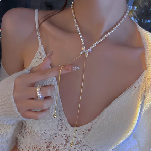 異素材mixネックレスパーティー蝶々華奢 ロングネックレス チェーンパール 切り替え セクシー 胸元 アクセサリー おしゃれ 韓国ファッション きれいめ 女子会 21SHIPIN-073