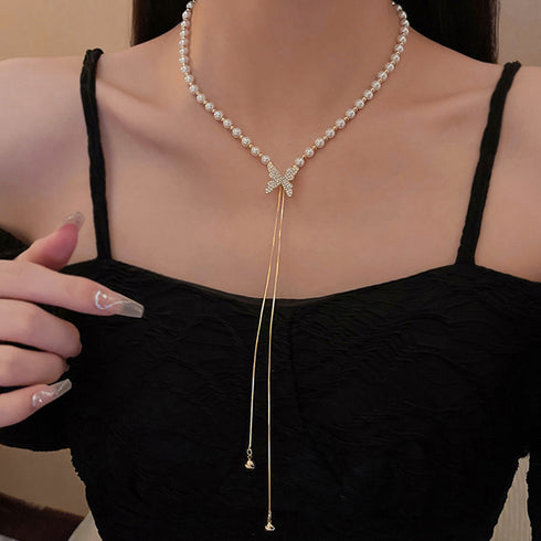 異素材mixネックレスパーティー蝶々華奢 ロングネックレス チェーンパール 切り替え セクシー 胸元 アクセサリー おしゃれ 韓国ファッション きれいめ 女子会 21SHIPIN-073