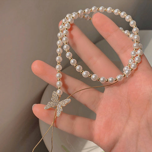 異素材mixネックレスパーティー蝶々華奢 ロングネックレス チェーンパール 切り替え セクシー 胸元 アクセサリー おしゃれ 韓国ファッション きれいめ 女子会 21SHIPIN-073