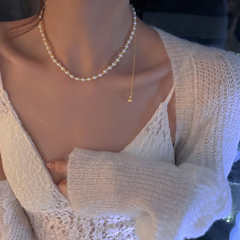 異素材mixネックレスパーティー蝶々華奢 ロングネックレス チェーンパール 切り替え セクシー 胸元 アクセサリー おしゃれ 韓国ファッション きれいめ 女子会 21SHIPIN-073