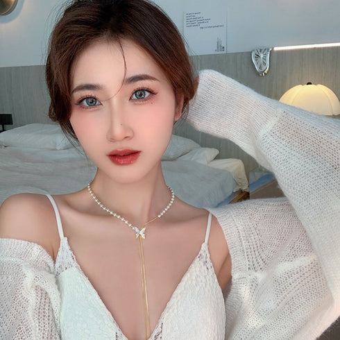 異素材mixネックレスパーティー蝶々華奢 ロングネックレス チェーンパール 切り替え セクシー 胸元 アクセサリー おしゃれ 韓国ファッション きれいめ 女子会 21SHIPIN-073