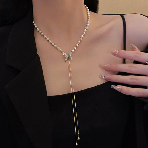 異素材mixネックレスパーティー蝶々華奢 ロングネックレス チェーンパール 切り替え セクシー 胸元 アクセサリー おしゃれ 韓国ファッション きれいめ 女子会 21SHIPIN-073