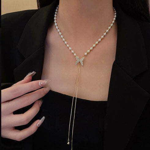 異素材mixネックレスパーティー蝶々華奢 ロングネックレス チェーンパール 切り替え セクシー 胸元 アクセサリー おしゃれ 韓国ファッション きれいめ 女子会 21SHIPIN-073