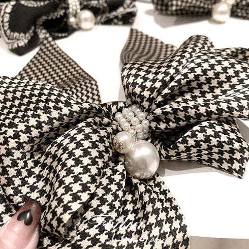 千鳥格子柄リボンバレッタ ヘアクリップ ヘアアクセサリー フェイクパール 大きめ オルチャンアクセ 韓国風雑貨 オフィスカジュアル 誕生日プレゼント 大人可愛い 21SHIPIN-076