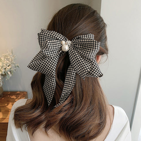 千鳥格子柄リボンバレッタ ヘアクリップ ヘアアクセサリー フェイクパール 大きめ オルチャンアクセ 韓国風雑貨 オフィスカジュアル 誕生日プレゼント 大人可愛い 21SHIPIN-076