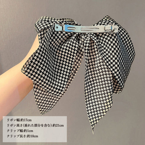 千鳥格子柄リボンバレッタ ヘアクリップ ヘアアクセサリー フェイクパール 大きめ オルチャンアクセ 韓国風雑貨 オフィスカジュアル 誕生日プレゼント 大人可愛い 21SHIPIN-076