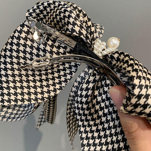 千鳥格子柄リボンバレッタ ヘアクリップ ヘアアクセサリー フェイクパール 大きめ オルチャンアクセ 韓国風雑貨 オフィスカジュアル 誕生日プレゼント 大人可愛い 21SHIPIN-076
