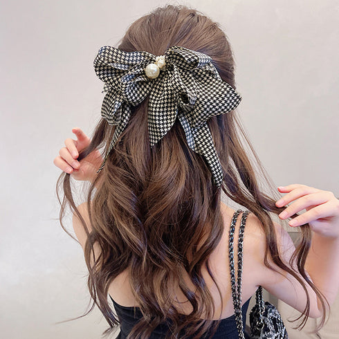 千鳥格子柄リボンバレッタ ヘアクリップ ヘアアクセサリー フェイクパール 大きめ オルチャンアクセ 韓国風雑貨 オフィスカジュアル 誕生日プレゼント 大人可愛い 21SHIPIN-076