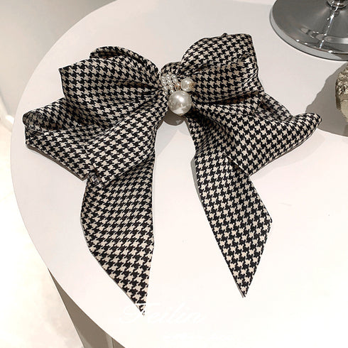 千鳥格子柄リボンバレッタ ヘアクリップ ヘアアクセサリー フェイクパール 大きめ オルチャンアクセ 韓国風雑貨 オフィスカジュアル 誕生日プレゼント 大人可愛い 21SHIPIN-076