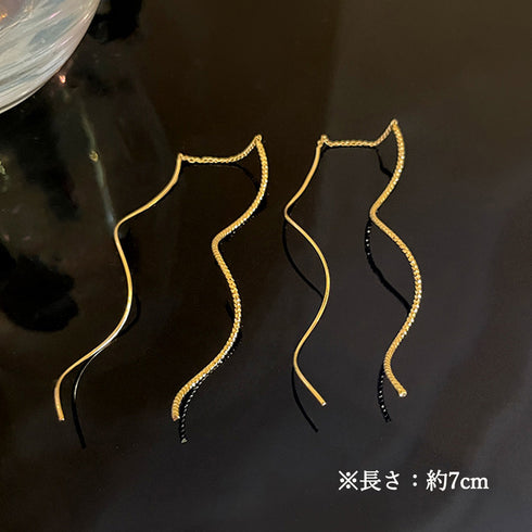 揺れるチェーンピアス ロングピアス 上品 アクセサリー レディース 波型ピアス メタル ジュエリー ウェーブ ゴールド おしゃれ人気 ギフト 20代30代 耳飾り 21SHIPIN-089