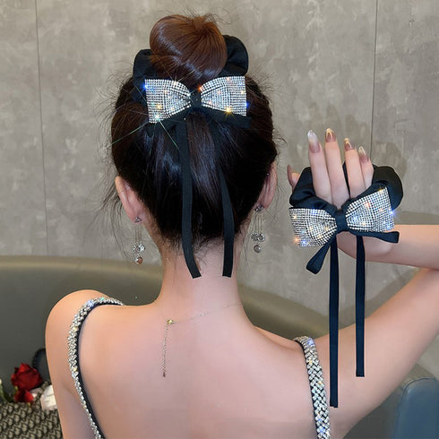 キラキラ リボンシュシュ 韓国風ヘアゴム ヘアアクセサリーレディース まとめ髪 人気ヘアアレンジ 大人可愛い髪飾り 女子会パーティー 小粒ラインストーン 華奢見え 21SHIPIN-103