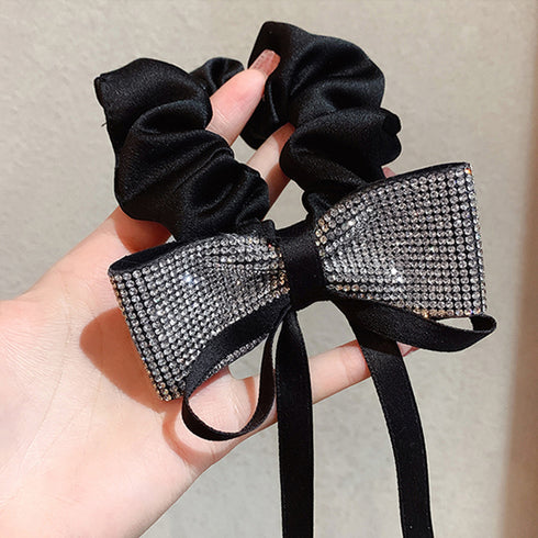 キラキラ リボンシュシュ 韓国風ヘアゴム ヘアアクセサリーレディース まとめ髪 人気ヘアアレンジ 大人可愛い髪飾り 女子会パーティー 小粒ラインストーン 華奢見え 21SHIPIN-103