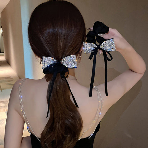 キラキラ リボンシュシュ 韓国風ヘアゴム ヘアアクセサリーレディース まとめ髪 人気ヘアアレンジ 大人可愛い髪飾り 女子会パーティー 小粒ラインストーン 華奢見え 21SHIPIN-103