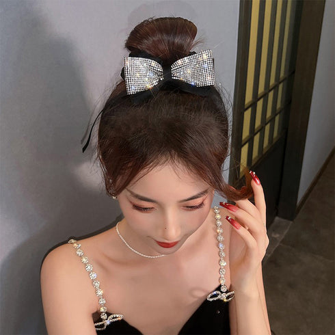 キラキラ リボンシュシュ 韓国風ヘアゴム ヘアアクセサリーレディース まとめ髪 人気ヘアアレンジ 大人可愛い髪飾り 女子会パーティー 小粒ラインストーン 華奢見え 21SHIPIN-103