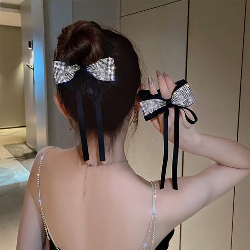 キラキラ リボンシュシュ 韓国風ヘアゴム ヘアアクセサリーレディース まとめ髪 人気ヘアアレンジ 大人可愛い髪飾り 女子会パーティー 小粒ラインストーン 華奢見え 21SHIPIN-103