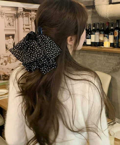 ドット柄リボンバンスクリップヘアクリップ ヘアアクセサリー 水玉 大きめリボン ビッグリボン 韓国ファッション 大人ガーリー簡単 ヘアアレンジ ハーフアップ髪飾り 21SHIPIN-128