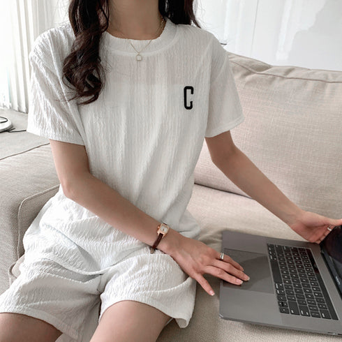 Tシャツ&イージーパンツ 夏服上下セット 半袖カジュアルスポーツウェアセット ウエストゴム 涼やか 半袖Tシャツ ルームウェア 短パン フィットネス 可愛い 21TAOZHUANG-002